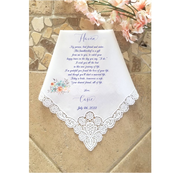 Wedding Handkerchief for Bride from Sister, custom personalised wedding gift, Bridal Gift for Bride