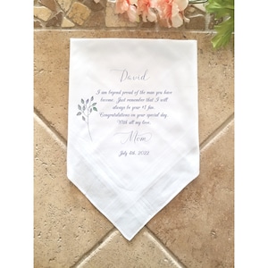 Groom gift from friend. Wedding handkerchief with custom printed message from friend to the groom.