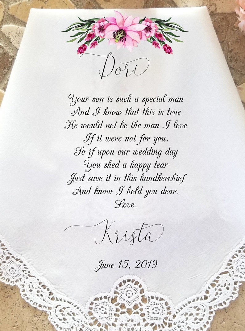 Printed handkerchief. Choose This Verse Or Use Your Own Mother of the Groom gift Personalized Wedding Handkerchief