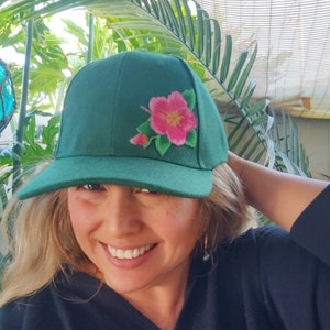 Embroidered Pink Hibiscus Aloha Green Baseball Cap