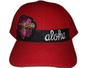 Hand painted Embroidered Hibiscus Red Baseball Cap
