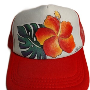 Hand Painted Red Hibiscus and Monstera Trucker Hat