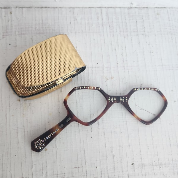 Kitschy Vintage foldable opera readers folding reading glasses lucite with rhinestones original gold case Tortoise Shell Frame