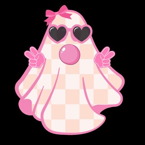 May include: A pink ghost with a checkered pattern, wearing heart-shaped sunglasses and a pink bow. The ghost is blowing a pink bubble.