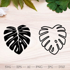 Könnte beinhalten: Zwei schwarz-weiße Illustrationen eines Monstera-Blattes in Herzform. Das Blatt links ist schwarz gefüllt, während das Blatt rechts schwarz umrandet ist.