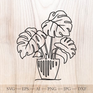 Line art monstera SVG, Monstera in a pot SVG, Monstera plant svg, Monstera SVG, monstera outline, monstera leaf svg, tropical plant svg