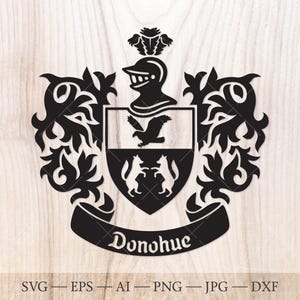 Blason de la famille Donohue. Armoiries svg. Bouclier héraldique avec aigle et deux renards, bannières en ruban SVG.