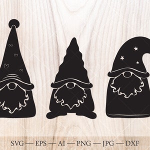 May include: Three black gnome silhouettes with different hat designs. One hat has hearts, another is pointed, and the third has stars. Each gnome has a beard and a round nose. The image includes file type information: SVG, EPS, AI, PNG, JPG, and DXF.