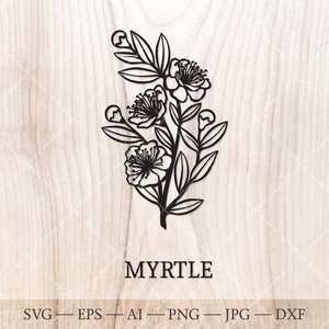 Myrtus communis-SVG. Myrtle branch omtrektekening. Handgetekende bloemen clipart, geboorteboom clipart