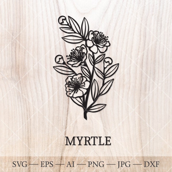 Myrtus communis SVG. Myrtle branch outline drawing. Hand drawn floral clipart, birth tree clipart