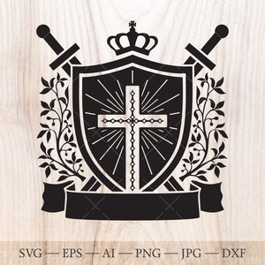 Może przedstawiać: Czarno-biała sylwetka herbowego tarczy z krzyżem w środku, otoczona dwoma mieczami i zwieńczona koroną. Tarcza jest otoczona stylizowanymi wzorami kwiatowymi i banerem.