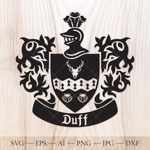 Familiewapen Duff. Wapenschild svg. Heraldisch schild met hertkop, hermelijnvlekken en twee schelpdieren, lintbanner SVG.