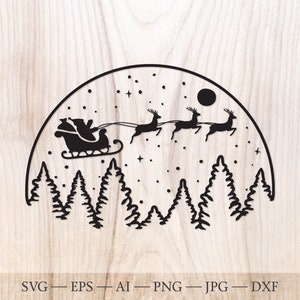 Santa sleigh SVG. Merry christmas svg, Santa claus and Reindeer clipart. Christmas eve svg, Xmas night scene