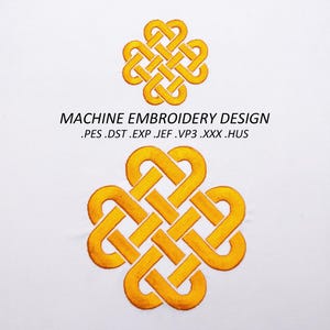May include: Machine embroidery design showing a golden knot pattern, with a smaller version above the larger one. The design is on a white background. Text at the top reads "MACHINE EMBROIDERY DESIGN" followed by file type extensions.