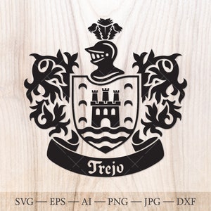 Trejo Family crest SVG. Coat of arms svg. Heraldic shield with fortress, knight helmet and floral ornaments SVG.