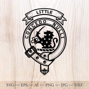 May include: Black and white Little family crest design. The crest features a lion holding a sword, surrounded by the words "Concedo Nulli". A banner at the top reads "Little". The design includes a belt and buckle.