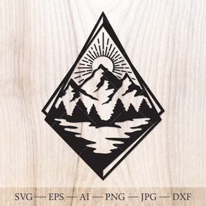Mountains SVG słońce i las SVG Cut File. Mountains sunset svg, pasmo górskie svg, Outdoors svg. Geometric Mountains scene svg