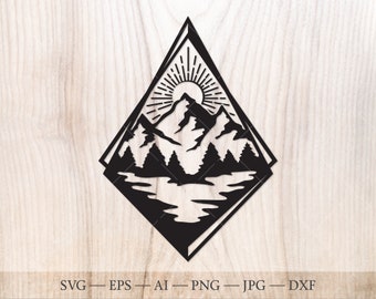 Geometric Mountain Scene SVG, Sun & Forest Cut File (Digital Download)