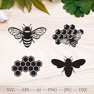 May include: Four black and white illustrations of bees and honeycombs. The first image shows a bee with wings spread. The second image shows a honeycomb with a bee inside. The third image shows a honeycomb. The fourth image shows a bee with wings spread.