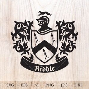 Könnte beinhalten: Schwarz-weiße Vektorillustration eines Wappens mit einem Ritterhelm, Weizenähren und einem Banner mit dem Wort "Riddle".