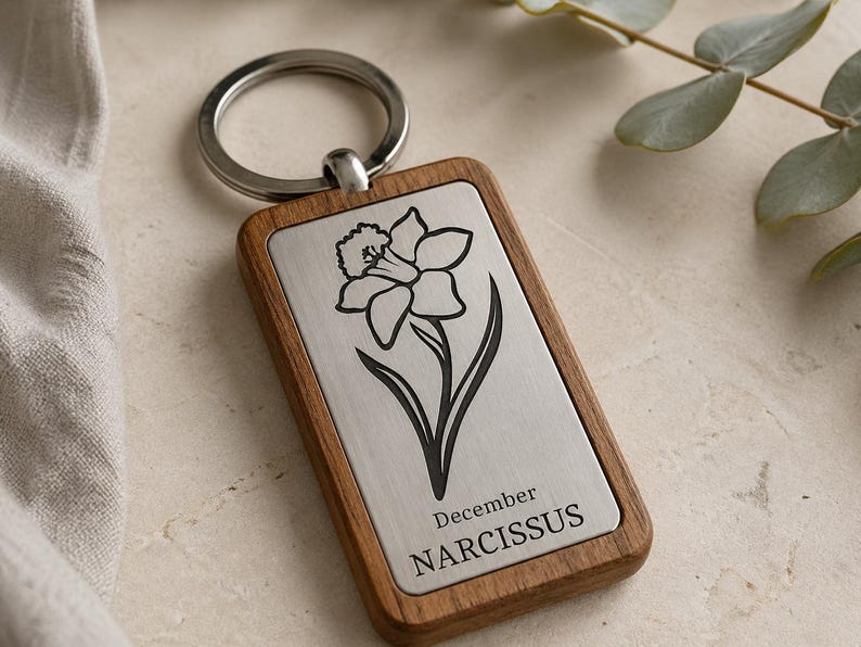 May include: A rectangular wooden keychain with a silver metal plate featuring a black line drawing of a daffodil. The text "December NARCISSUS" is below the flower. The keychain has a silver metal ring.