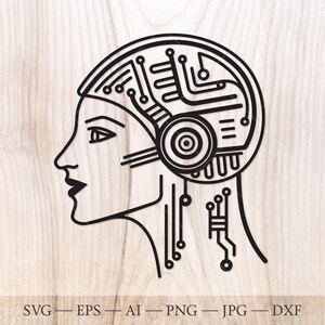 May include: Black line art illustration of a profile of a person with a circuit board design integrated into the head. The image includes the file type formats: SVG, EPS, AI, PNG, JPG, and DXF.