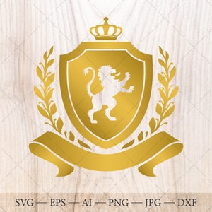 Shield with lion, crown, laurel wreath SVG in gold color. Family crest logo. Coat of arms svg.