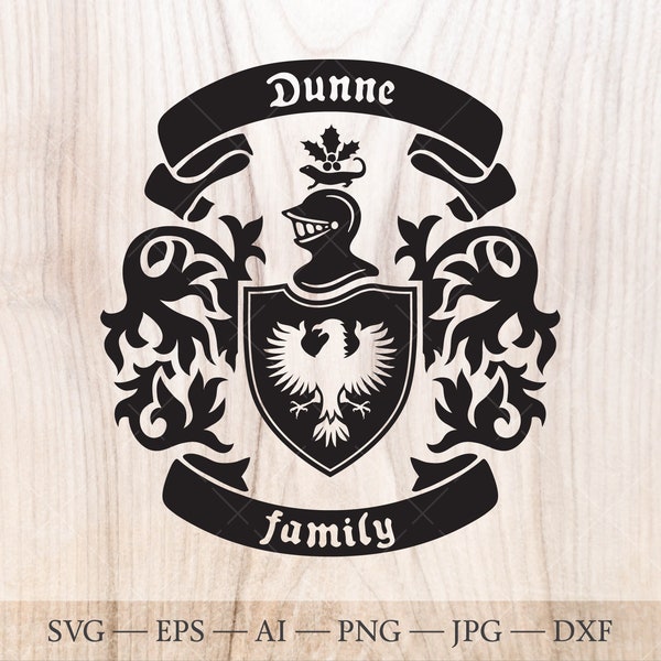 Dunne Family crest. Coat of arms svg. Heraldic shield with eagle, ribbon banners SVG.