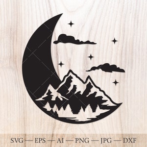 Montagnes SVG lune et forêt fichier SVG coupe. Chaîne de montagnes avec la lune et les étoiles svg, svg à l'extérieur. Svg de scène de montagnes