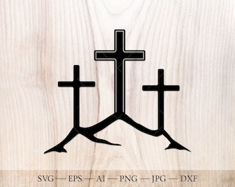 May include: Black silhouette of three crosses on a hill. The crosses are different sizes, with the largest cross in the center.