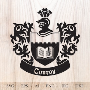 Blason de la famille Conroy. Armoiries svg. Bouclier héraldique avec livre ouvert, bannières ruban SVG.