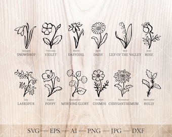 Birth Flower Outline SVG Bundle, Floral Clipart (Digital Download)