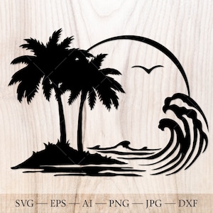 Palmzee svg, zonsondergang, palmen en golven SVG, palmboom SVG. Zomerscène svg, tropisch eiland svg, vakantie-svg. Silhouetbestand.