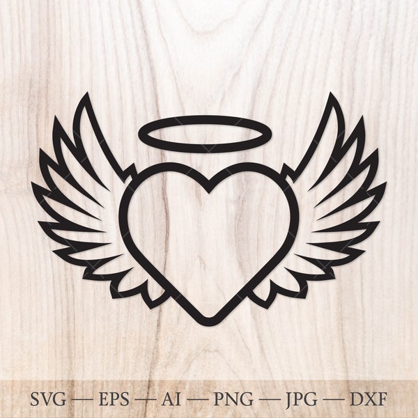 Angel heart Svg, Angel wings Svg, Heart with wings Svg. Angel Svg, Wings with halo Svg, Love wings, Heart wings.