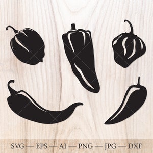 Ají picante SVG. Chile poblano picante SVG. SVG de jalapeño. Habanero svg, paquete de svg de pimientos picantes dibujados a mano