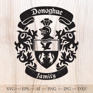 Stemma della famiglia Donoghue. Stemma svg. Scudo araldico con aquila e due volpi, stendardi a nastro SVG.