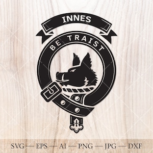 Innes crest badge SVG avec sanglier, clan écossais svg, Family crest svg. Armoiries svg. Ceinture écossaise avec boucle SVG. Crête de clan svg