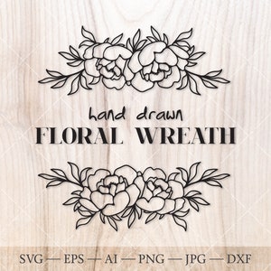 Handgezeichnete Pfingstrose Blumen Kranz svg. Pfingstrose Blumenstrauß Clipart. Hochzeitseinladung, Blumen Monogramm Rahmen.