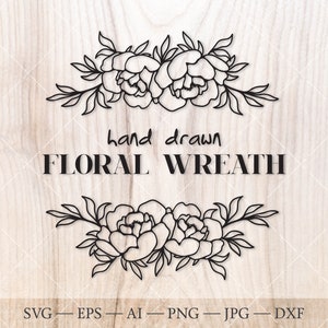 Hand drawn peony flower wreath svg. Peony bouquet clipart. Wedding invitation, flower monogram frame.