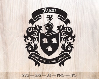 Ryan Family crest. Coat of arms svg. Heraldic shield with gryphons and ribbon banners SVG.