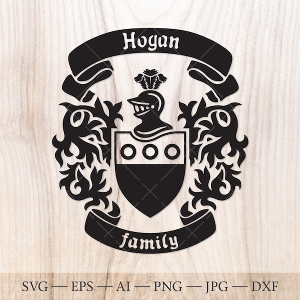 Hogan Family crest. Coat of arms svg. Heraldic shield with finger rings, ribbon banners SVG.