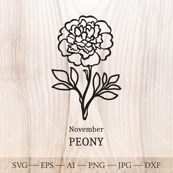 Peony SVG, November Birth Flower SVG. Birth month flower peony drawing. Birthday flower clipart