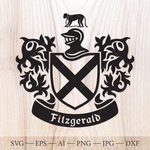 Brasão da Família Fitzgerald. Brasão de armas svg. Escudo heráldico com um saltire e um macaco, faixas de fita SVG.