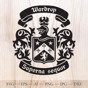 Escudo de la familia Wardrop. Escudo de armas SVG. Escudo heráldico con león, dos estrellas y tres cruces, cinta decorativa SVG.