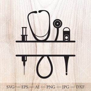 May include: Black and white silhouette of a stethoscope, syringe, and bottle on a shelf. The design is split in half with the bottom half mirrored. The design is suitable for a medical professional or someone who works in the healthcare industry.