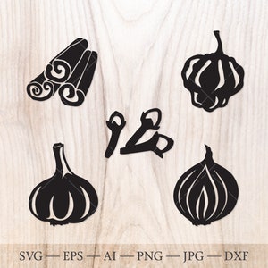 Scotch Bonnet Pepper SVG, Ajo svg, Cebolla svg, Canela svg, Clavo svg. Paquete de imágenes prediseñadas SVG de comida dibujada a mano