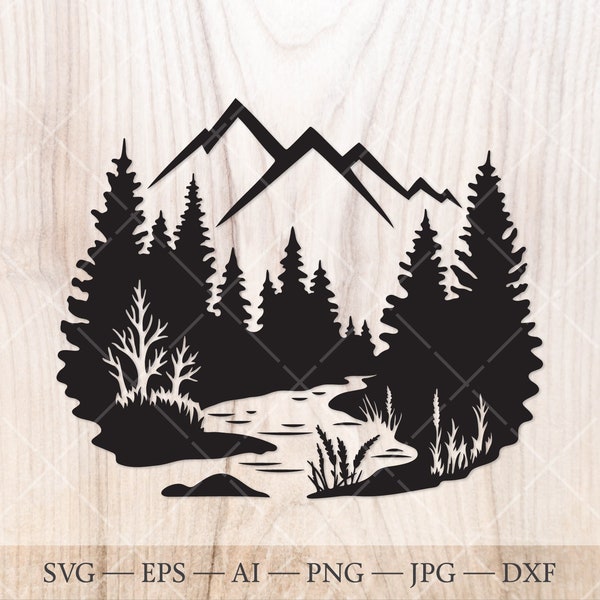 Mountain river and forest landscape scene SVG Cut File. Mountains svg, Forest svg. Outdoors svg