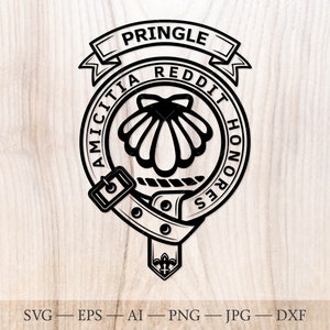 Insigne de crête de Pringle SVG avec coquille de palourde, svg de clan écossais, svg de crête de famille. Ceinture écossaise héraldique avec boucle SVG. Crête de clan svg