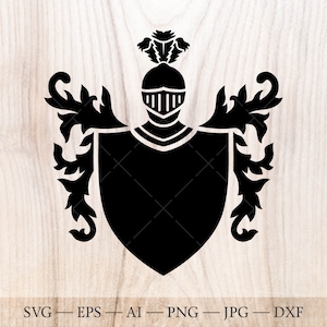 Shield with knight helmet and leaves SVG. Coat of arms svg. Family crest, logo template.