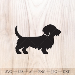 May include: A black silhouette of a wire-haired dachshund dog in a side profile. The dog has a long body, short legs, and a distinctive beard. The image includes file type notations: SVG, EPS, AI, PNG, JPG, and DXF.